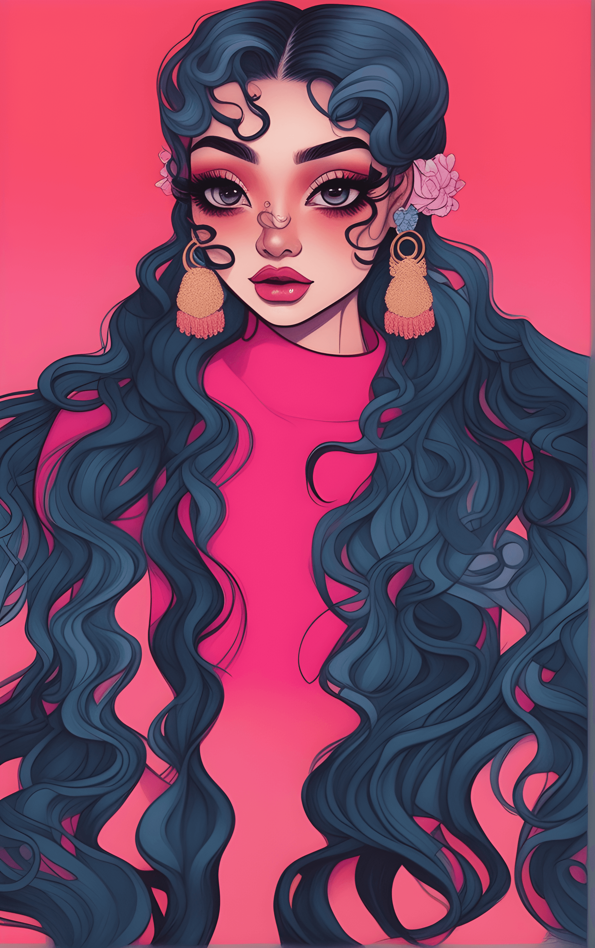 AI generated: a drawing of a woman with long black hair, a digital painting, inspired by Harumi Hironaka, pop surr...