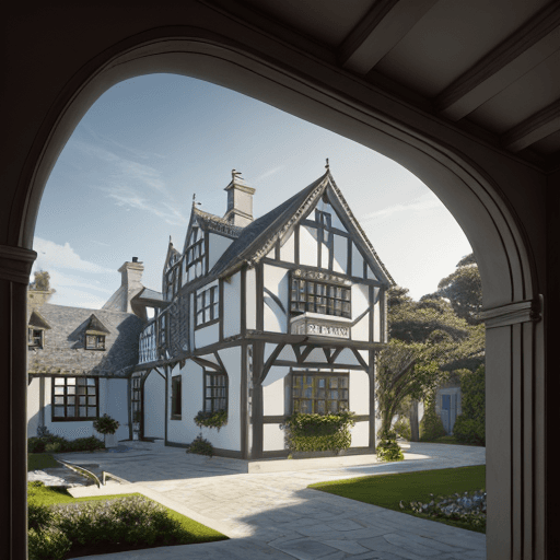 AI generated: Hyper realistic eye level exterior photo of a 16th century style house overlooking the ocean, daylig...