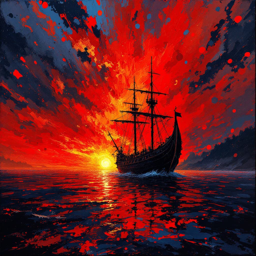 AI generated: A fiery red sunset, low angle shot, inspired by Maurice Prendergast, abstract art, passionately vibr...
