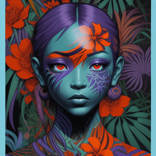 AI generated: a  painting of an eye with purple and orange flowers, in the style of james jean, mysterious jungle,...