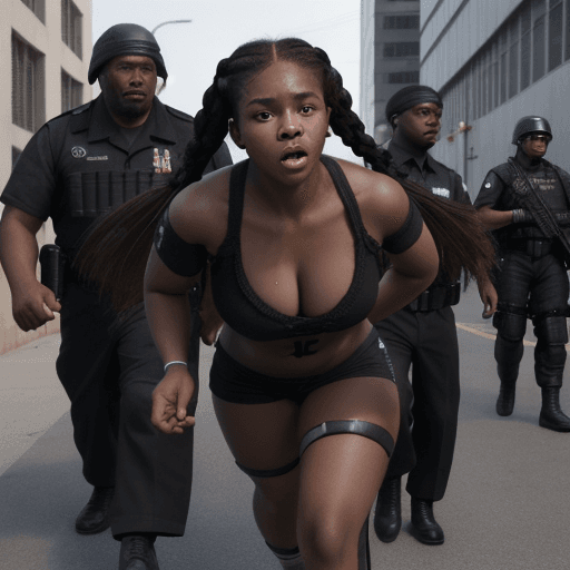 AI generated: Homeless Young black girl in braids picked up and dragged by black hefty men in black combat gear, h...