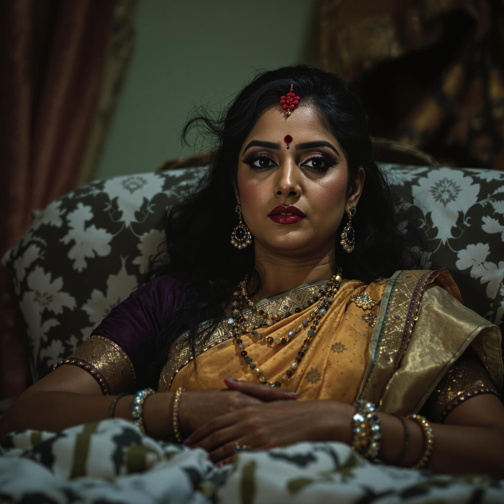 AI generated: cinematic, realistic photography, A manipulative, dictatorial Indian woman who enjoys drawing victim...