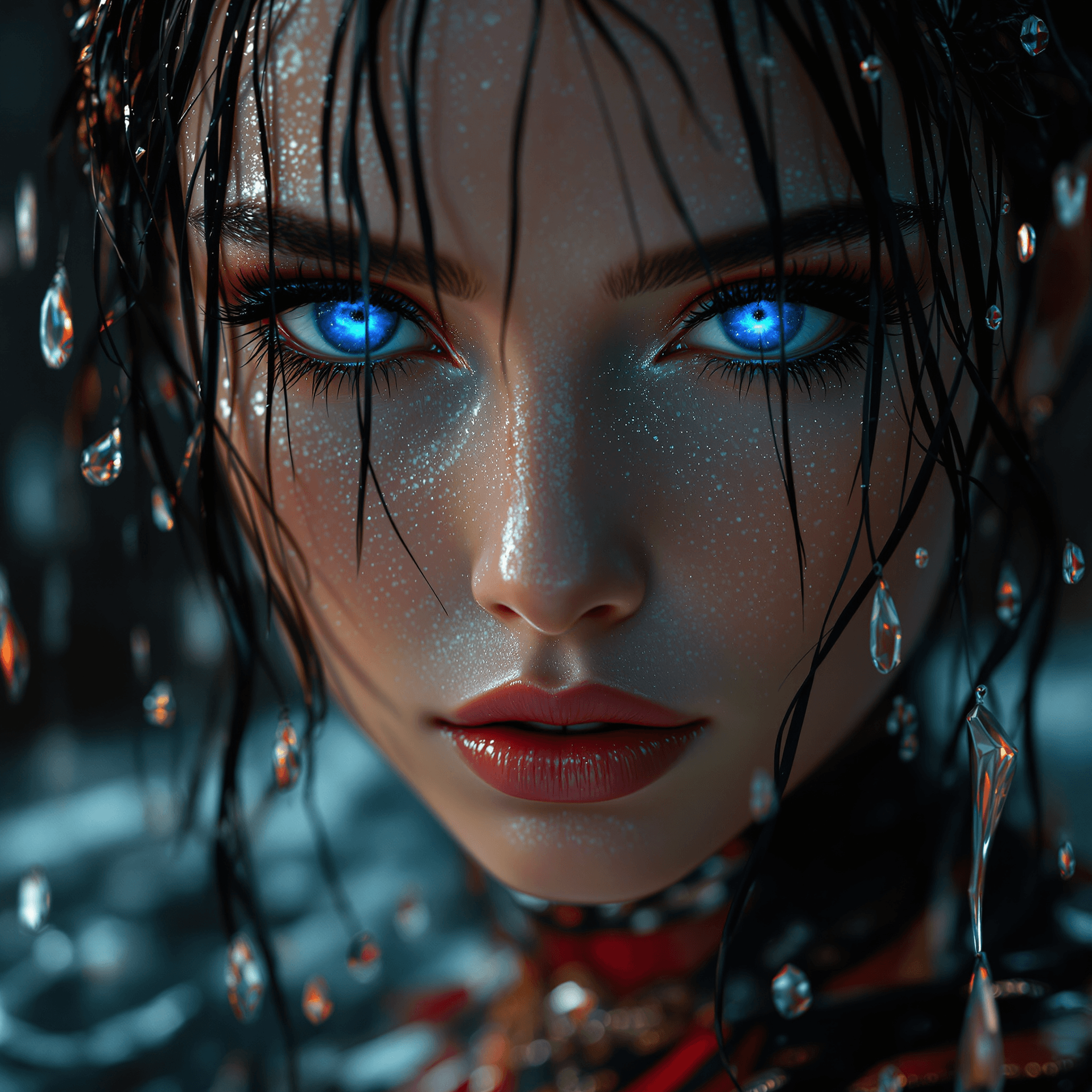 AI generated: beauty girl in water and rain on her face beautiful, galaxy in her eyes, dark sky, black and red dre...