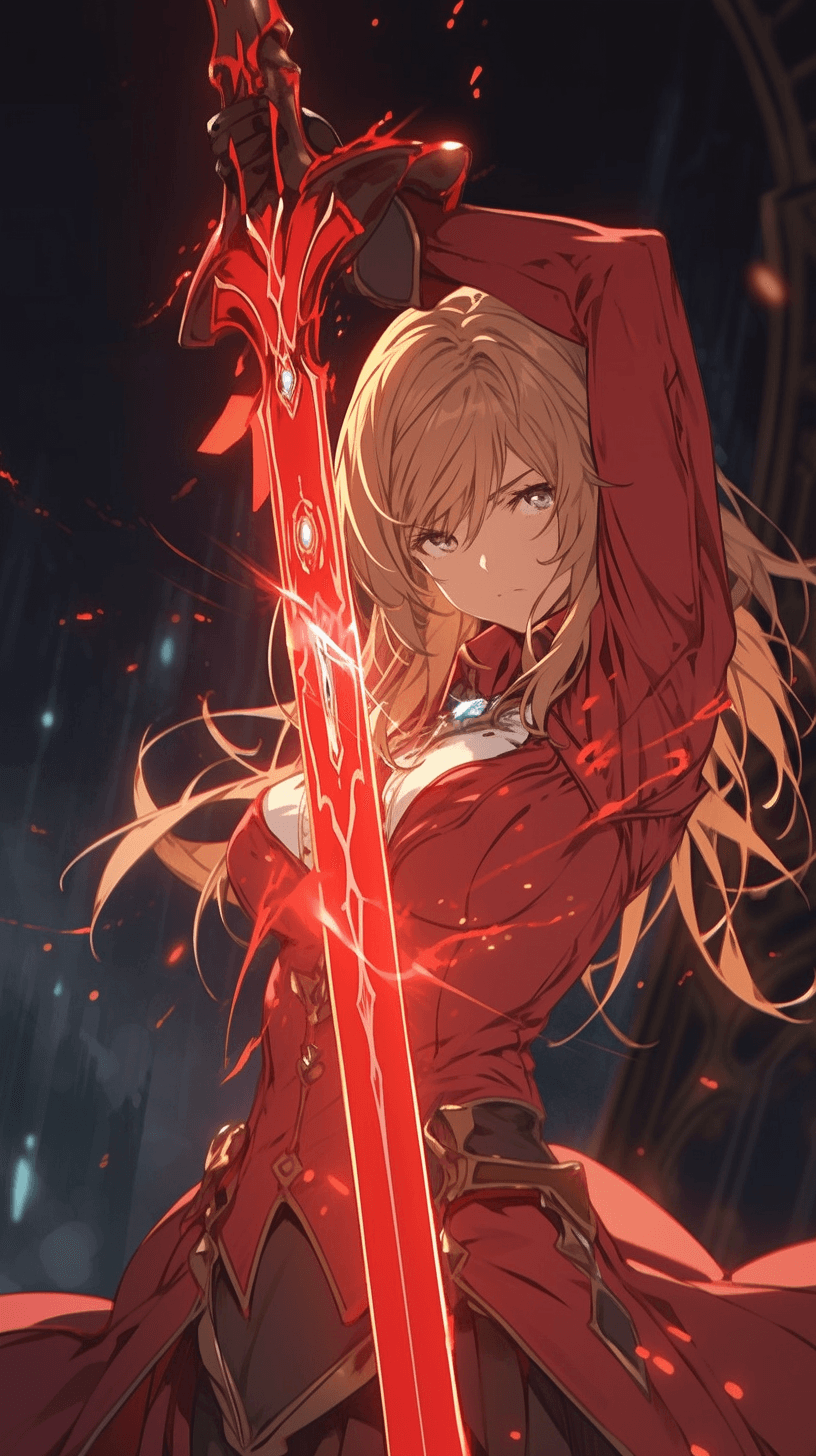 AI generated: A member of the anime SAO. heroic party. An attacker girl dressed in red. Her weapon is a dagger in ...