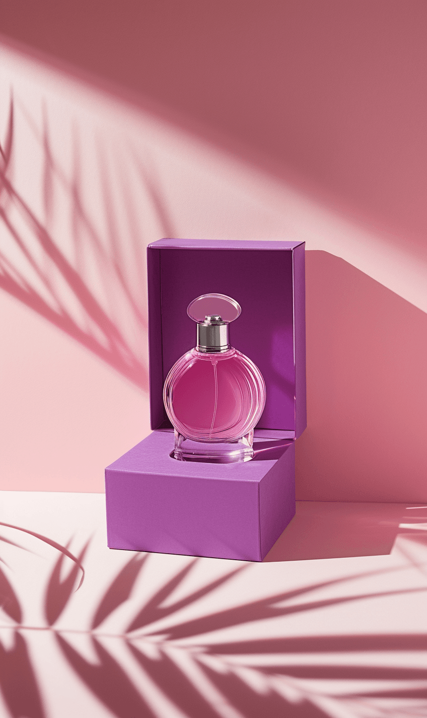 AI generated: realistic pictur mockup for a luxury parfum the bottle is pink in a purple luxury box with shadow of...