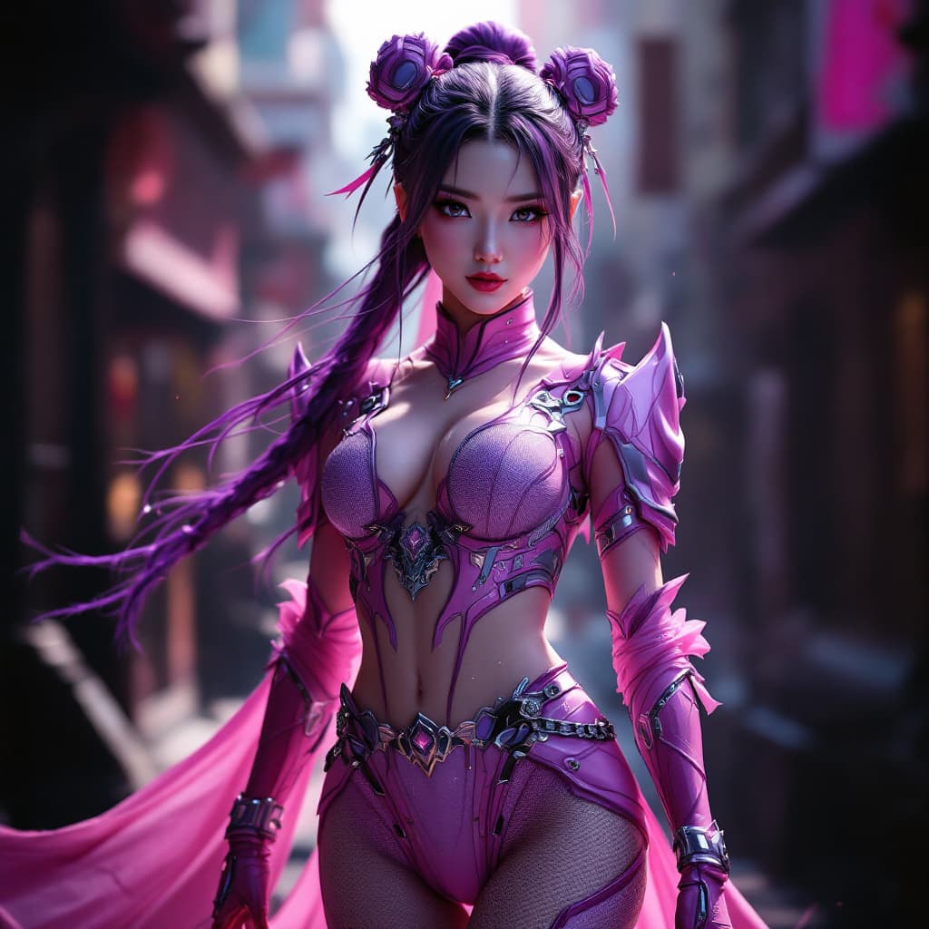 AI generated: Generates a hyper-detailed full-body image of a female Chinese superhero, dressed in a pink and purp...