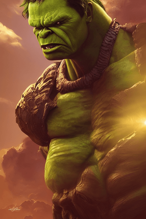AI generated: Portrait of a Alien Hulk, sunlight, Artgerm, Pixar, Norman Rockwell, Up, Coco, Luca, WLOP, intricate...