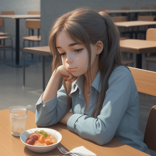 AI generated: animated image of a girl resting at a table for lunch