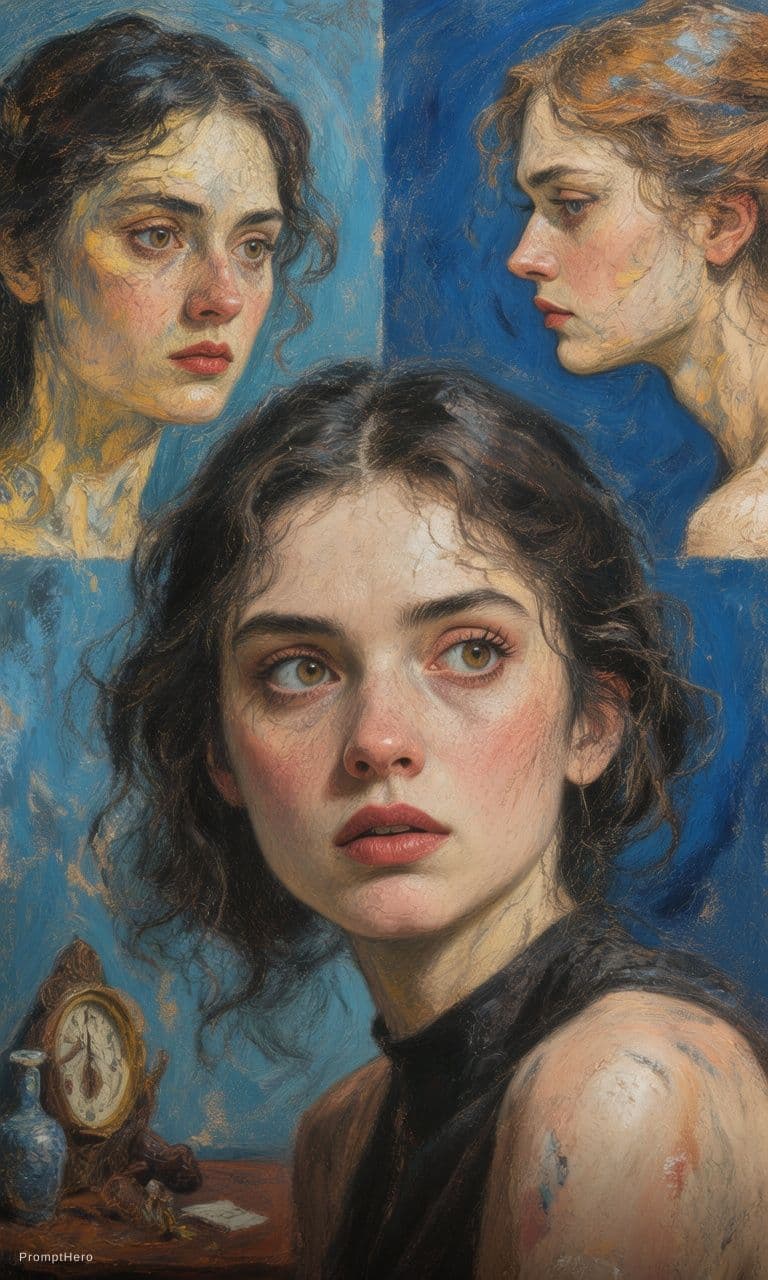 AI generated: Collage of a female face in expressionist style by Dane Yoon, blue and blue colors, highly detailed ...