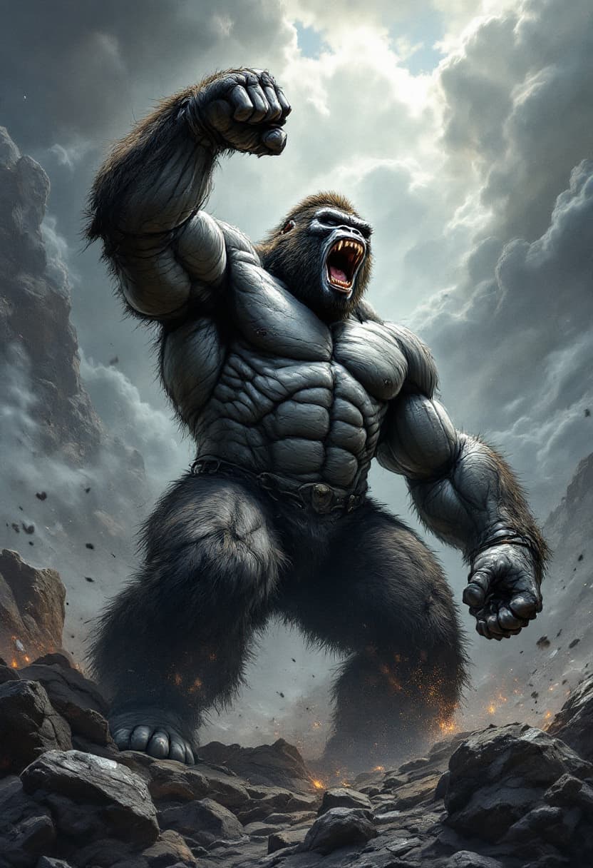 AI generated: Artwork designed by AI, realistic details, sharp, full body image, King Kong shouting, bodybuilder f...