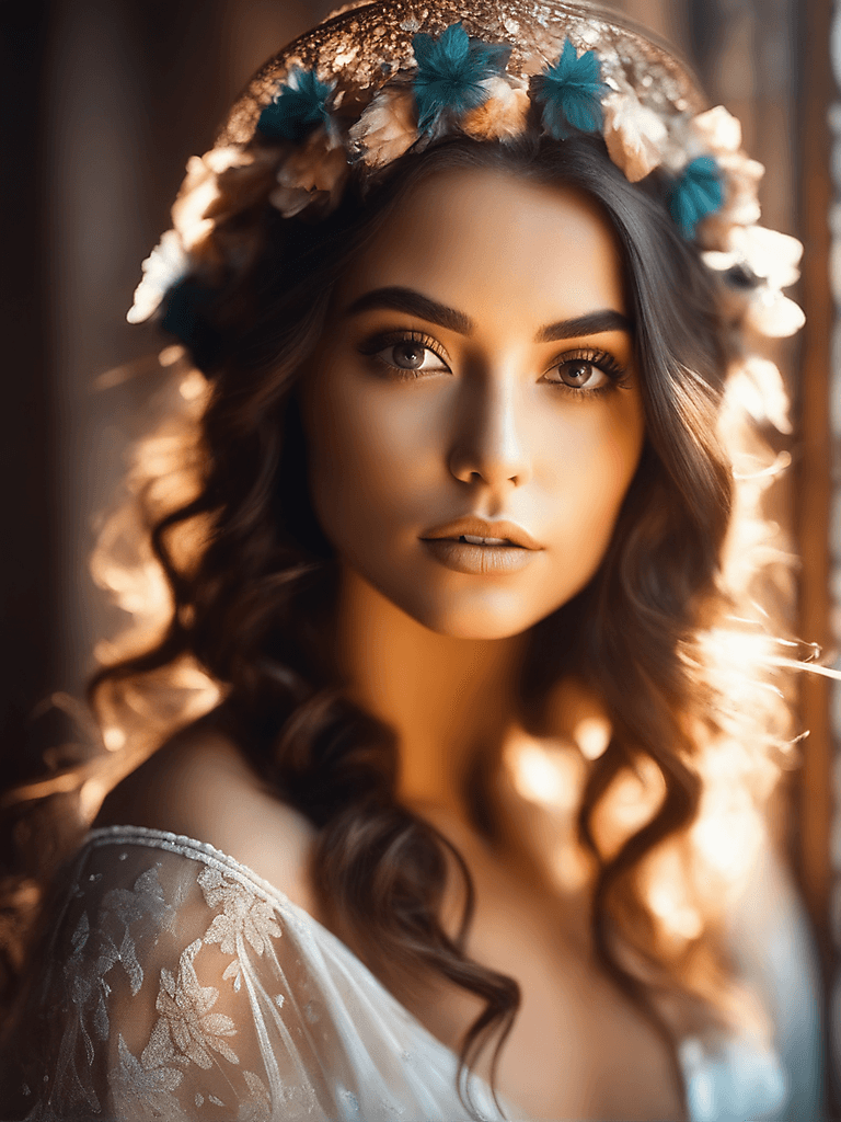 AI generated: light background, breathtaking bohemian model, spotlight, award-winning, art photograph, 8k