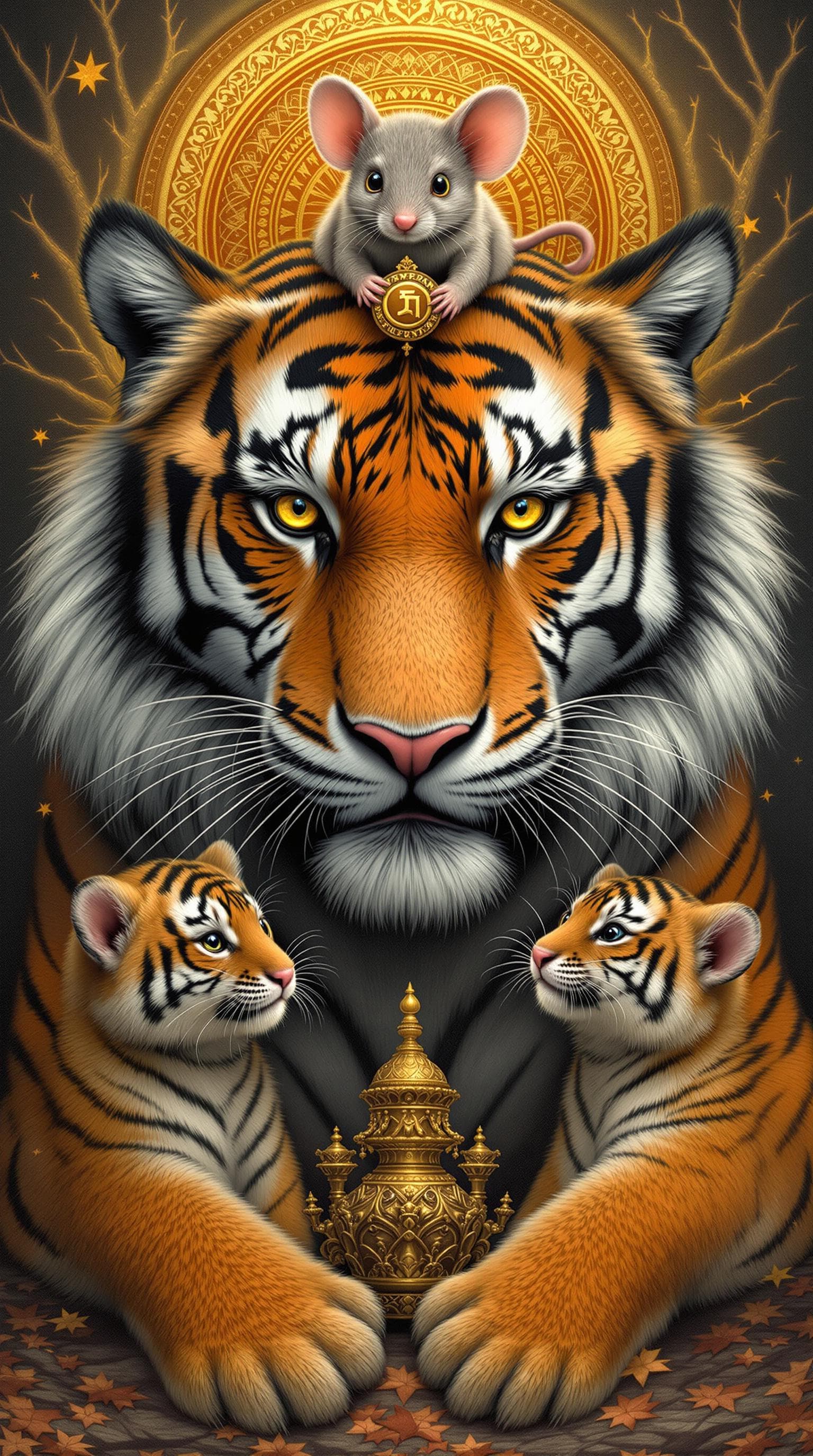 AI generated: retablo art,a tiger and two tiger cubs, and a oversized mouse ,with a mouse on the tiger's head, the...