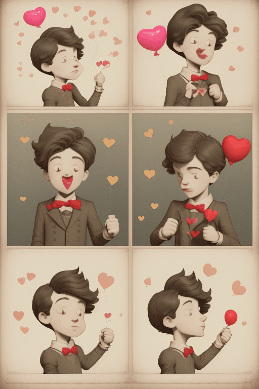 AI generated: a poster depicts a boy holding a heart shaped balloon, in the style of sketchfab, poodlepunk, warm t...
