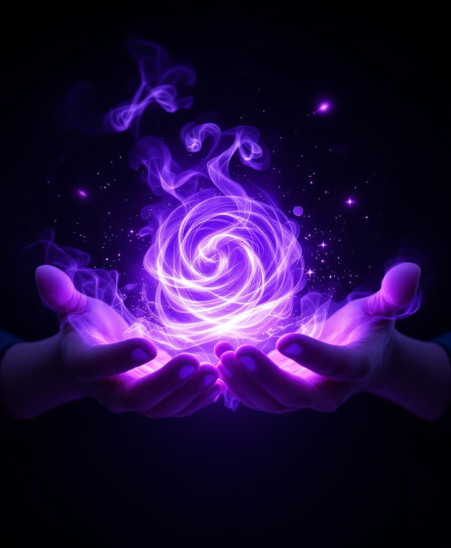 AI generated: A pair of outstretched male hands conjuring a swirling purple energy orb, glowing with ethereal ligh...
