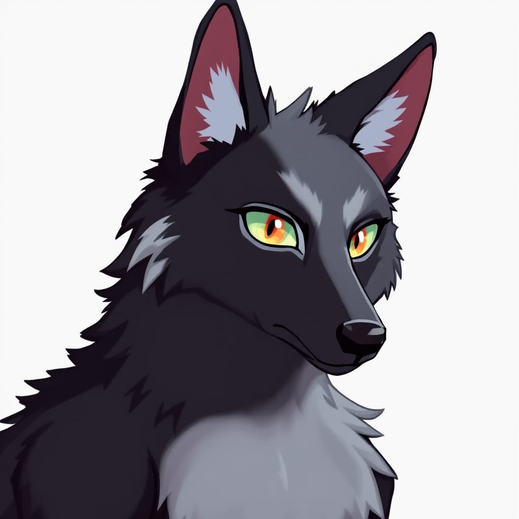 AI generated: Black Wolf fursona with gray highlights. It has four ears. It also has two pairs on eyes which conta...