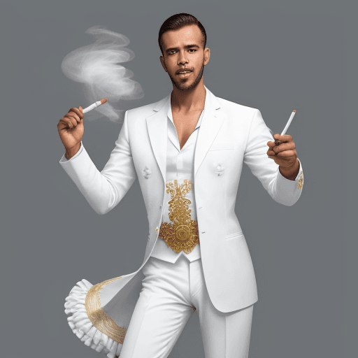 AI generated: homen de terno branco, pensativo, com cigarro de palha e cerveja, de corpo inteiro, dançando pagode,...