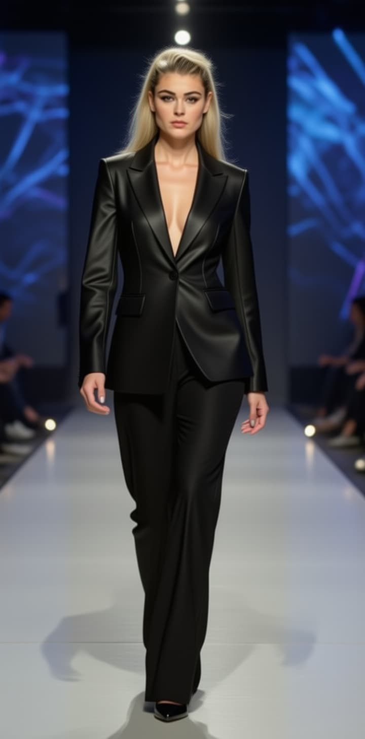 AI generated: {
  "scene": {
    "style": "fashion_show",
    "camera": {
      "angle": "front_low",
      "...