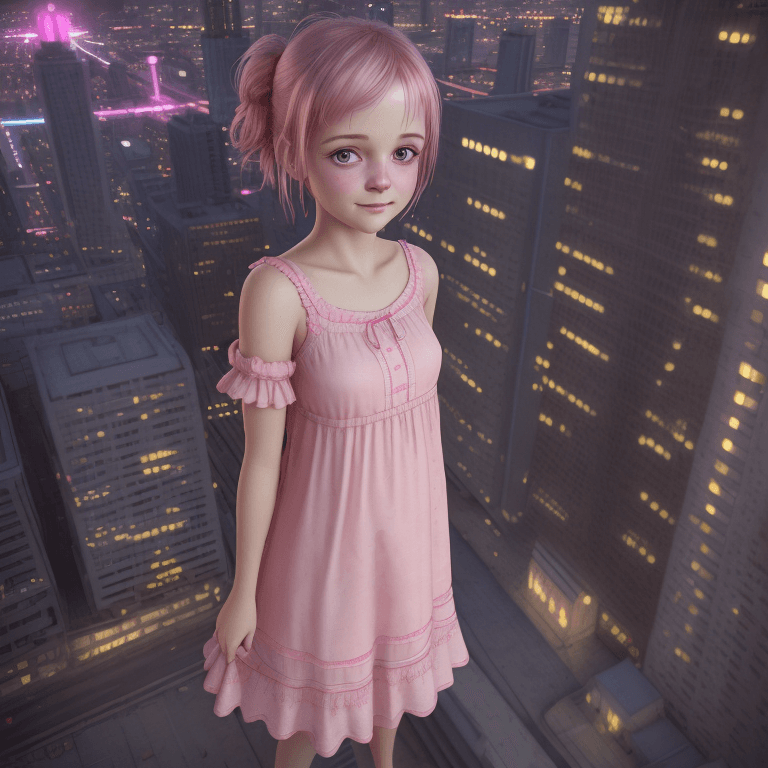 AI generated: high detail, octane render, a girl with happy, wearing nightgown with pink color, downtown backgroun...