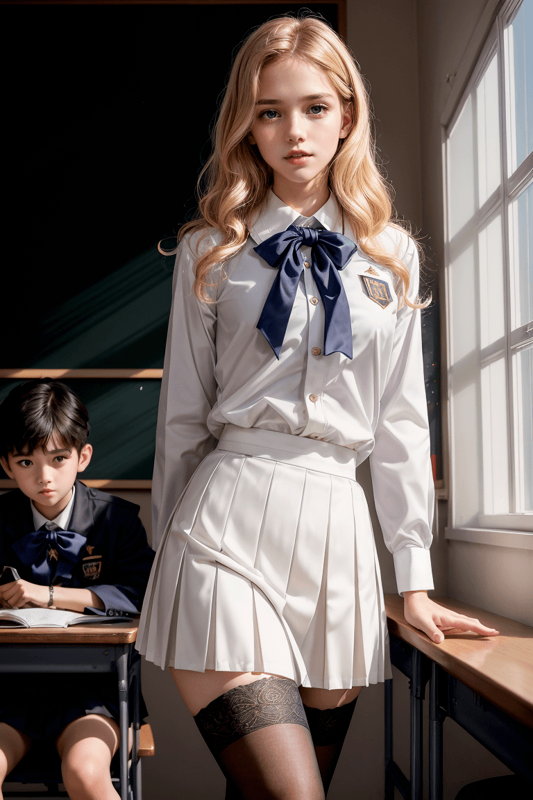AI generated: A panoramic view of a classroom, gorgeous teacher with class of young boys, white blouse, short blac...