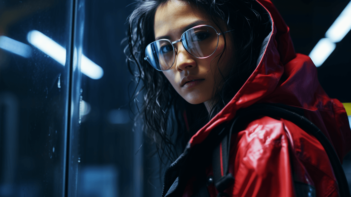 AI generated: Rosy Zhao as a cyberpunk hacker wearing glasses, 16-35mm lens, f/1.8, global illumination, natural l...