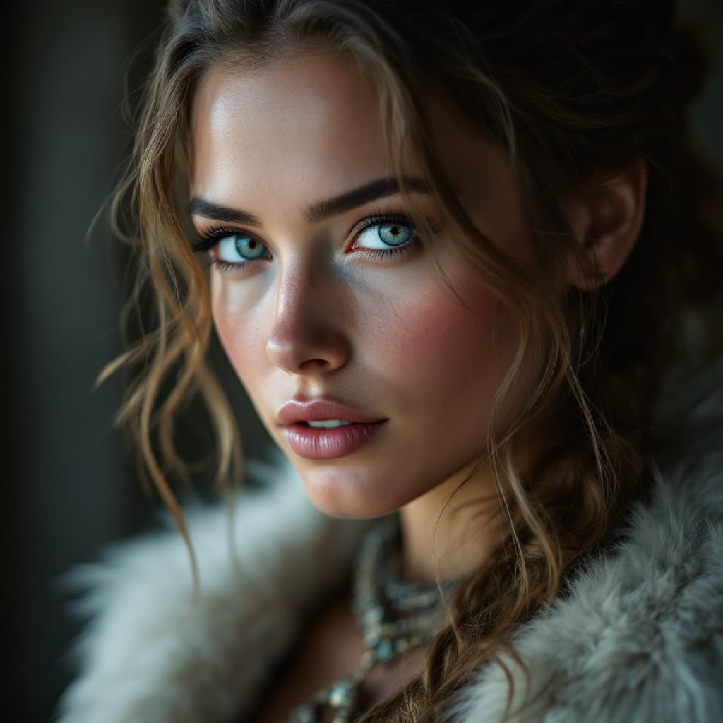 AI generated: Detailed and realistic portrait of beautiful modern female viking| soft natural lighting| portrait p...