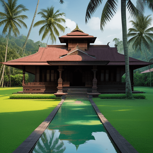 AI generated: A majestic Kerala style Nalukettu house, nestled amidst a lush, green landscape. The sprawling tradi...