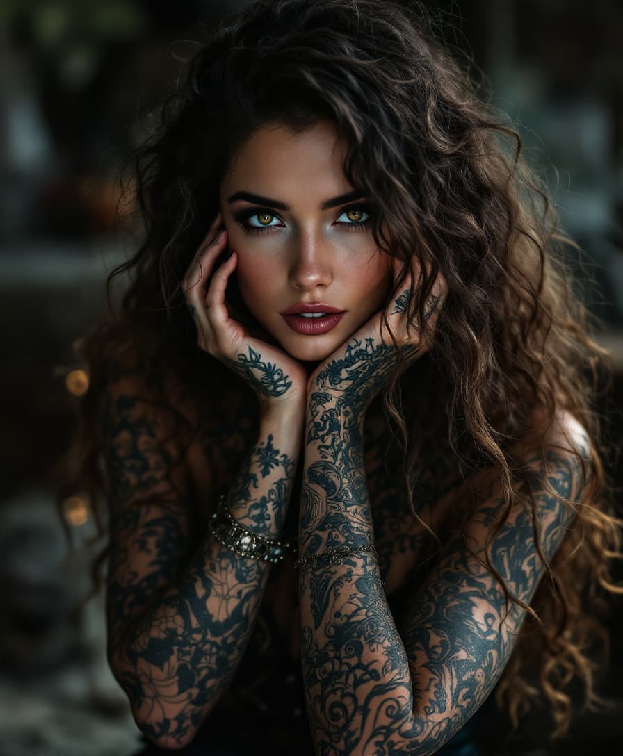 AI generated: gorgeous woman with tattoos and with curly long hair and hazel eyes, deep shadows, HDR, 32k, extreme...