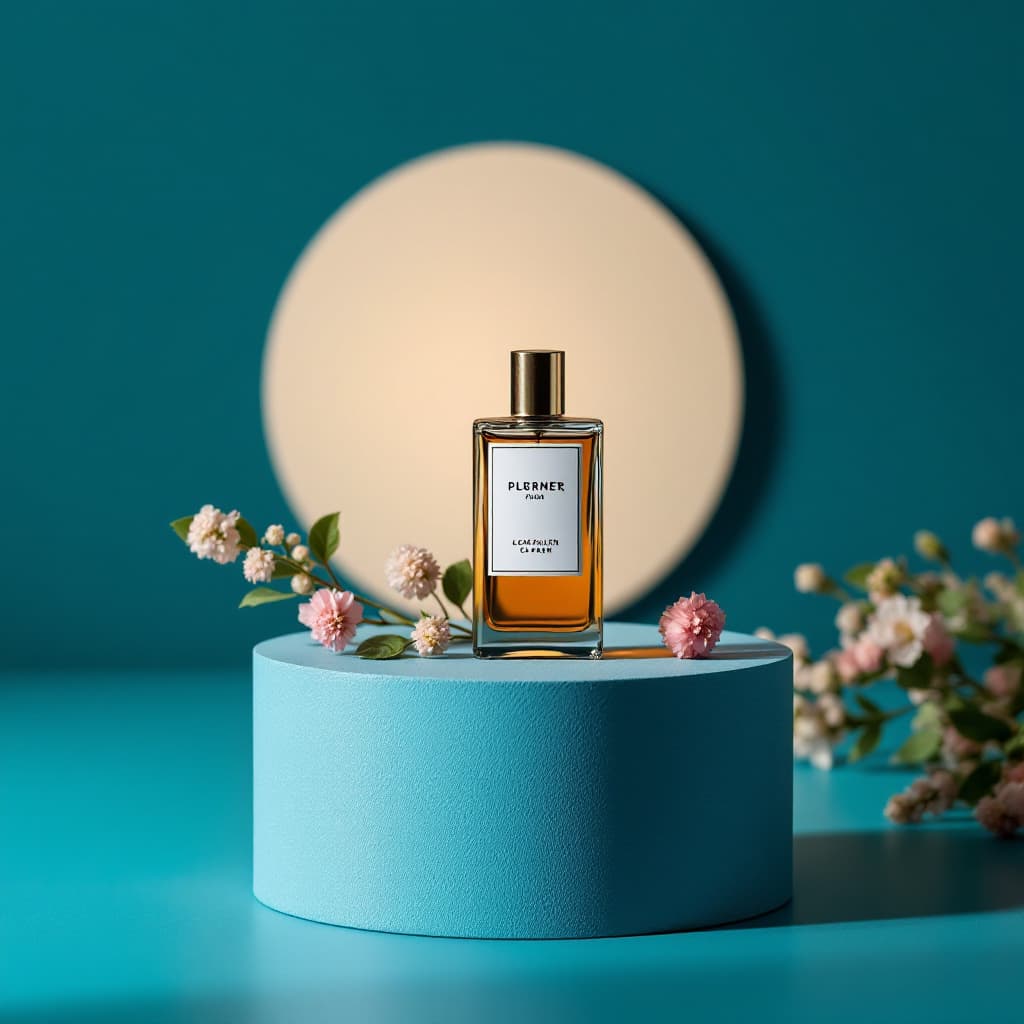 AI generated: photograph, productive view, cylinder podium with perfume, Sony A7R IV with a FE 50mm f/1.2 GM lens,...