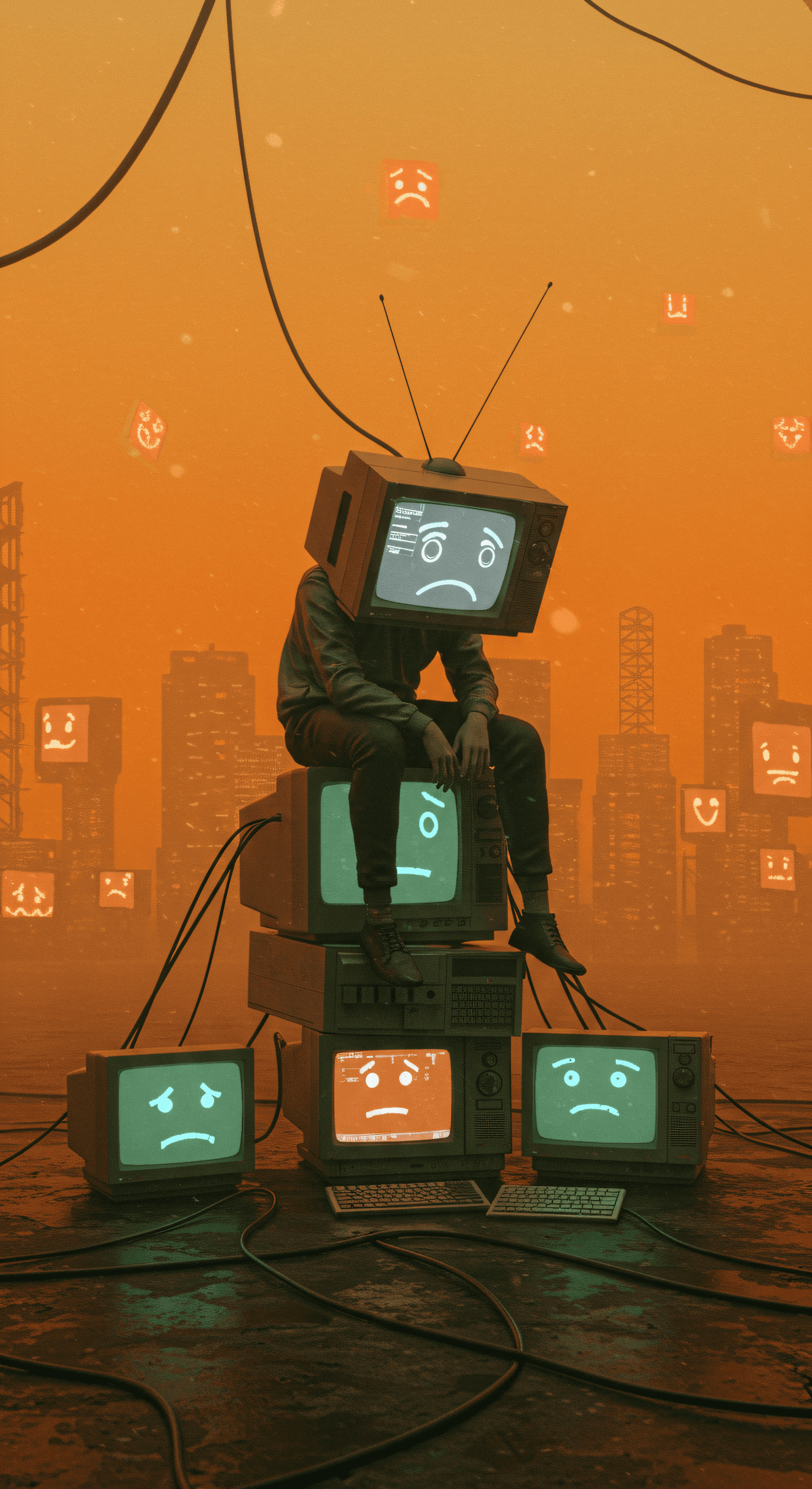 AI generated: A figure with a television for a head sits dejectedly on a stack of old monitors, surrounded by wire...