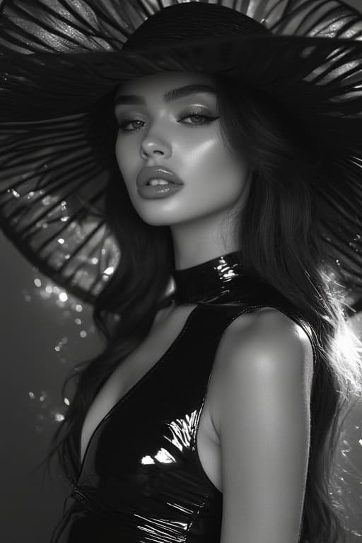 AI generated: A stunning woman, captured in a glamorous black and white photograph, wearing a large, elegant black...