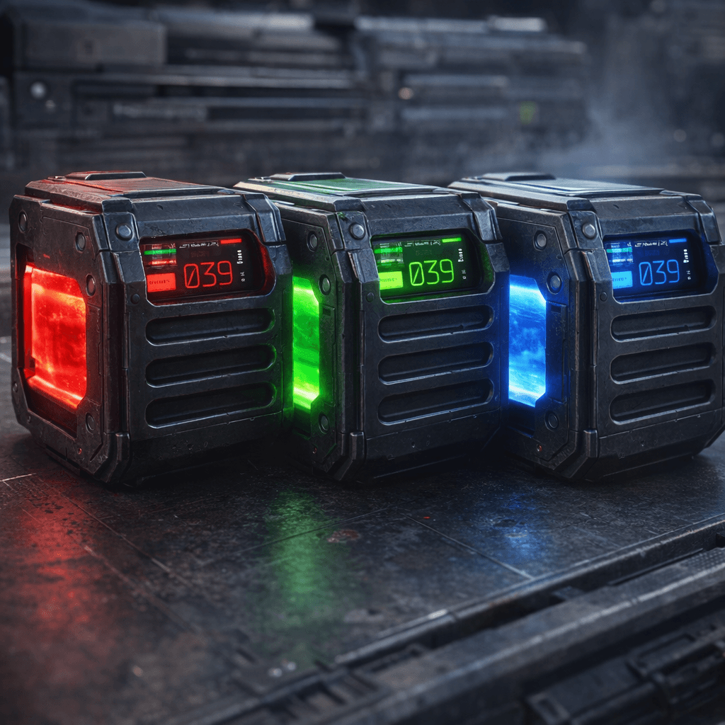 AI generated: Use the reference image to create an image of Sci-fi energy weapon cartages in Red, Green, and Blue ...