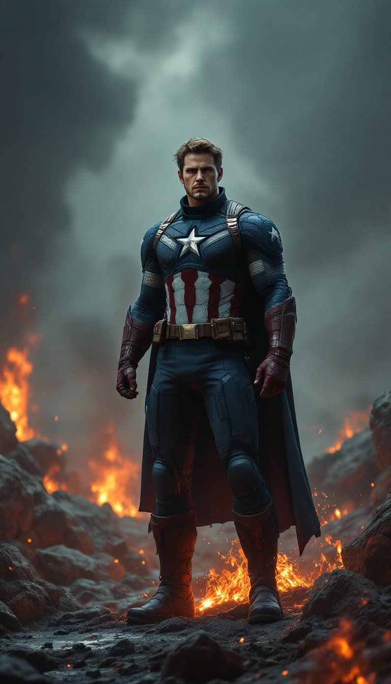 AI generated: Envision a fully body portrait of an captain america comic  super hero rising from the ashes, standi...