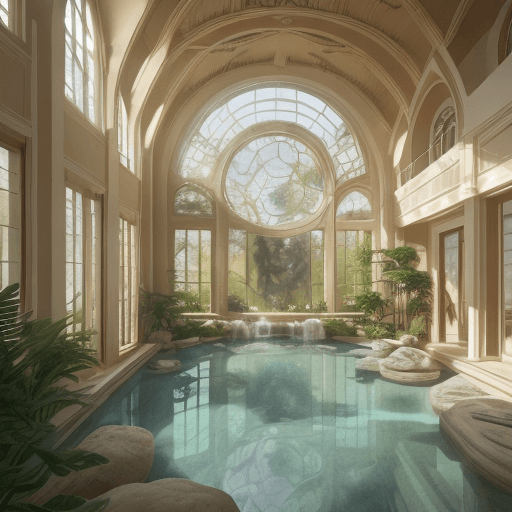 AI generated: High resolution photography interior design, dreamy wellness center, biophilia, arch windows, water,...