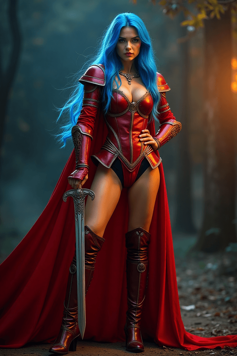 AI generated: A stunning beauty stands confidently, clad in shimmering red armor that accentuates her curves, her ...