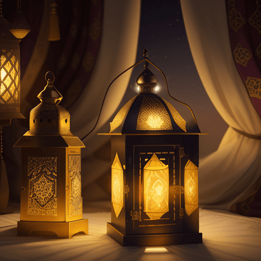 AI generated: Close-up of Ramadan lantern with cannon and decorated Qur’an, mosques in the background, colorful cu...