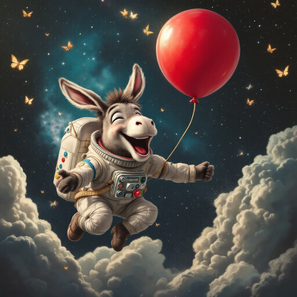 AI generated: donkey flies on a red balloon in space and laughs joyfully, screwdrivers, nails, butterflies