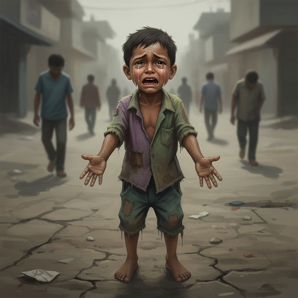 AI generated: create an image of boy stand in the groud and asking for food from other and he is crying
