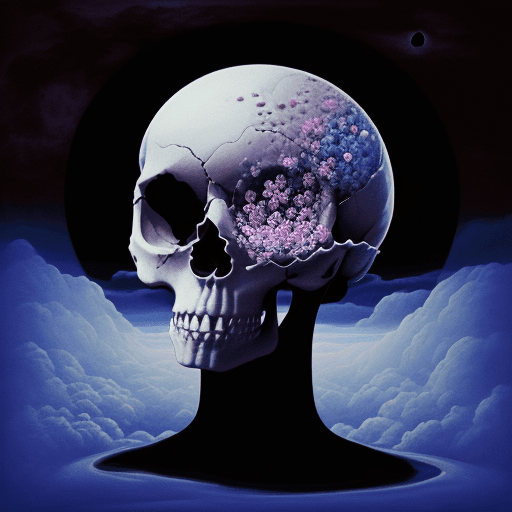 AI generated: surrealist painting of a human skull with the moon, clouds, and melting flowers, abstract, surreal -...