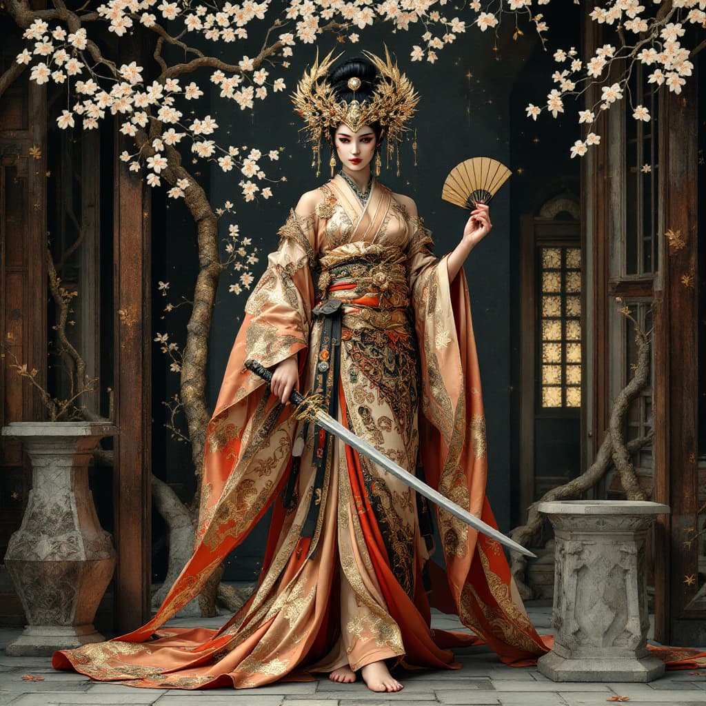 AI generated: Full body view of a geisha-ninja fusion, set in a stylized, destroyed Japanese village. Detailed orn...