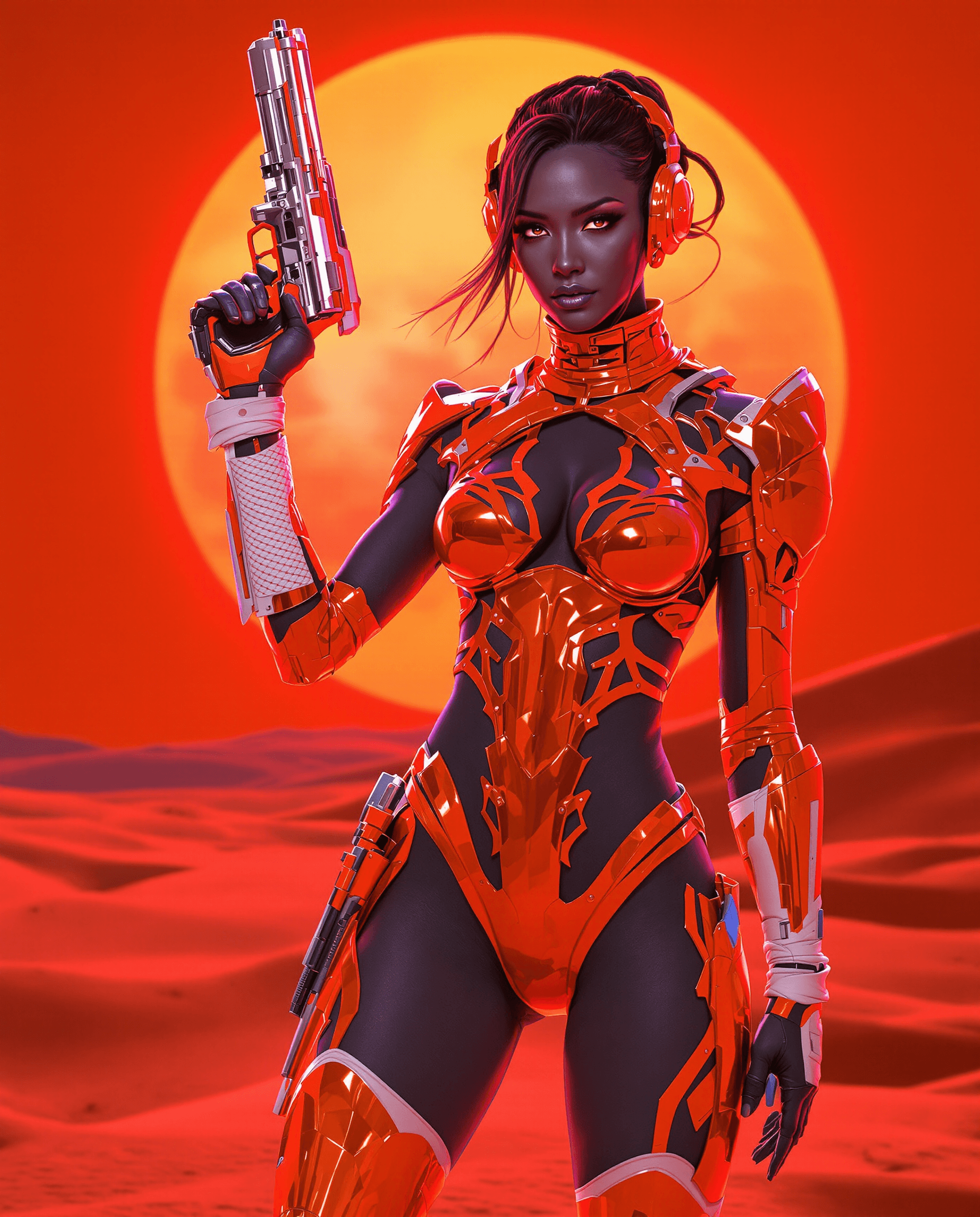 AI generated: A stunning full body (8K) masterpiece of a futuristic depiction of a female warrior, wearing a sleek...