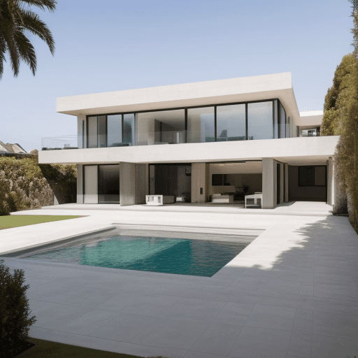 AI generated: Hyper realistic eye level exterior photo of emilia clarke modern style house wearing bikini half nak...
