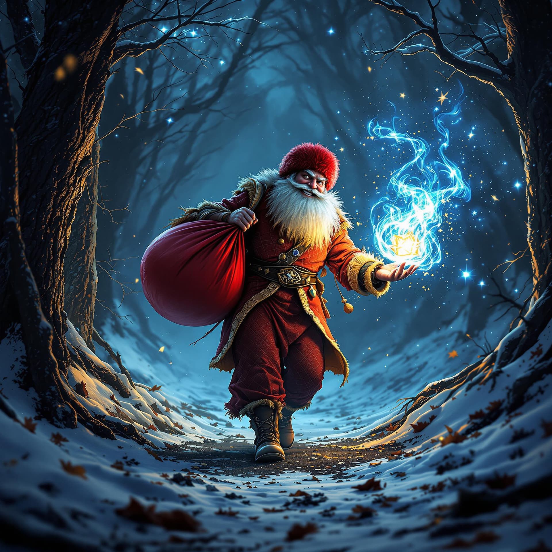 AI generated: movie poster, smiling kind russian uncle frost wearing red rocker clothes is depicted in an action p...