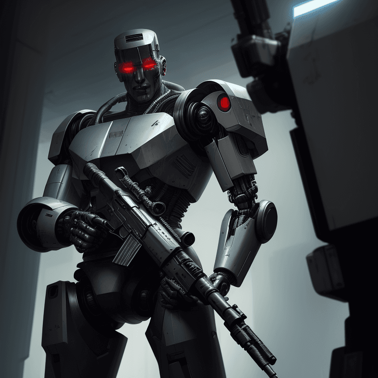 AI generated: mj, (close up:1.1) art a [robot | terminator | cyborg | futuristic soldier], holding a futuristic ri...