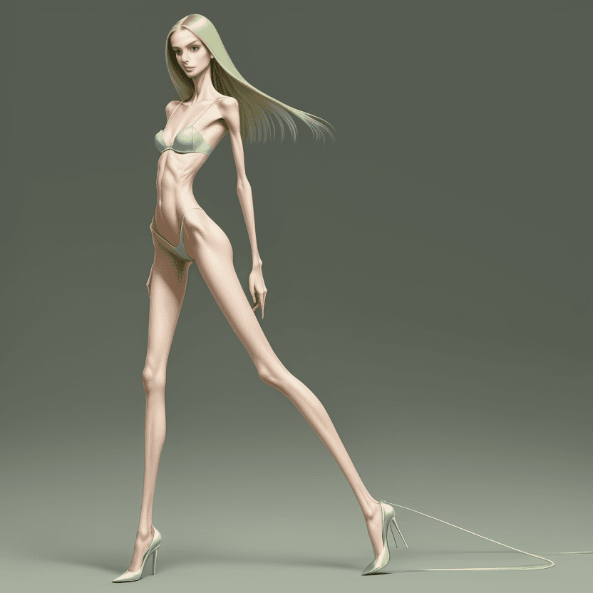 AI generated: photo of an extremely skinny, flat-chested model with extreme long and skinny legs and long feets
 i...