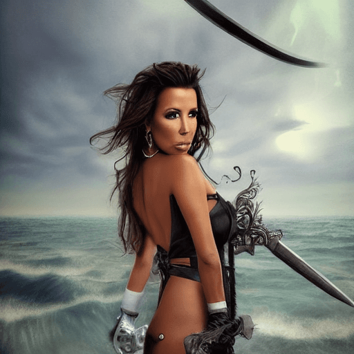 AI generated: full body, ultra-realistic photograph, Eva Longoria. with a sword on, hair blowing in the wind, in t...