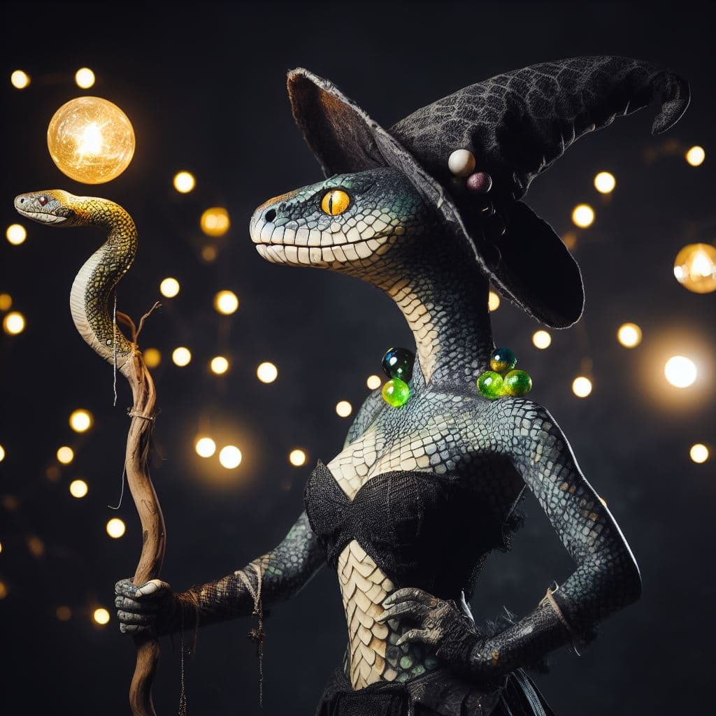 AI generated: An anthropomorphic snake as a witch with snake skin human texture scales at a photoshoot with magica...