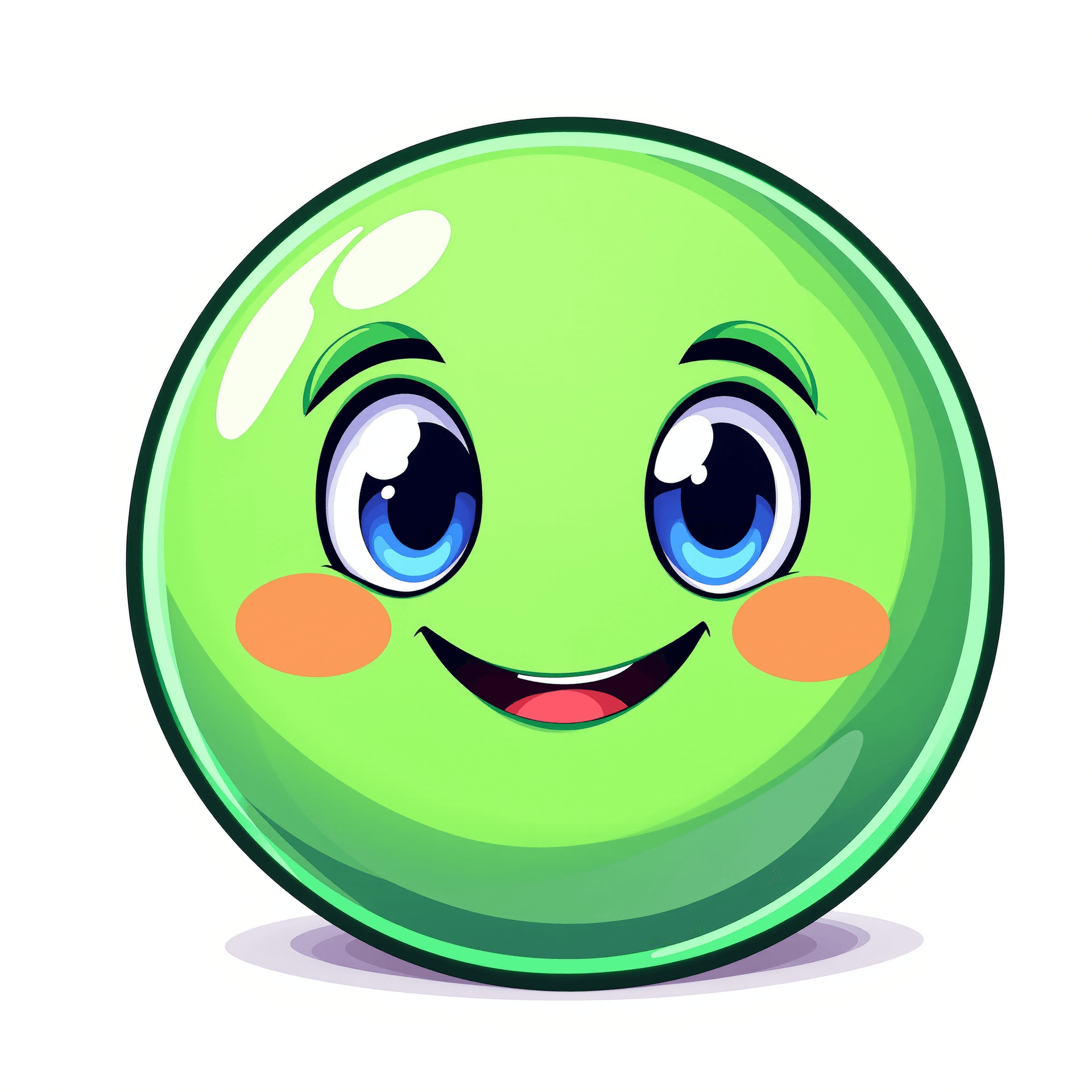 AI generated: cute green cartoon ball character with a big smiling face, round glossy surface, shiny highlights, o...