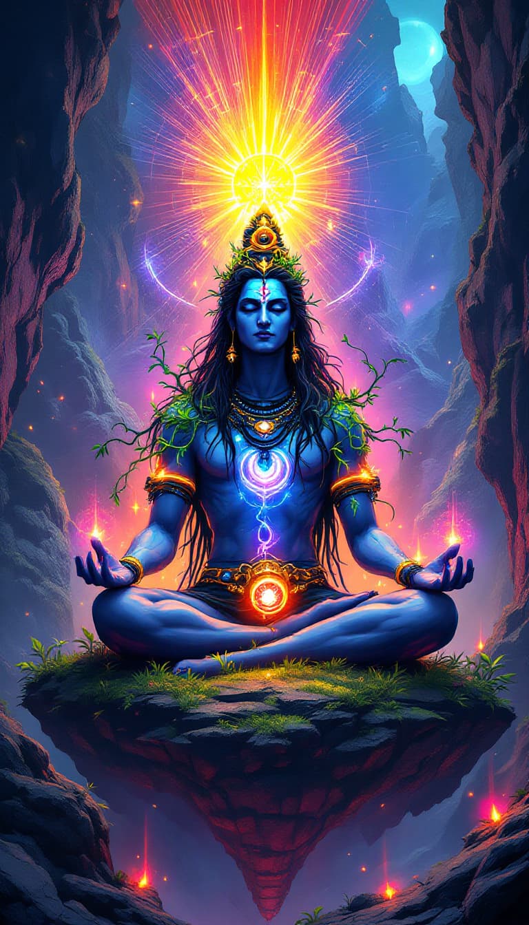 AI generated: comic image of a lord shiva and krishna animation character in the style of Enki Bilal , Holographic...