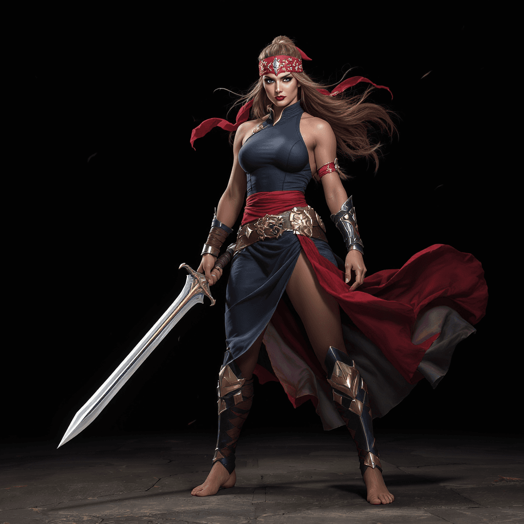 AI generated: Full-body view of a proud female warrior stands in a dynamic pose, brandishing a gleaming sword. She...