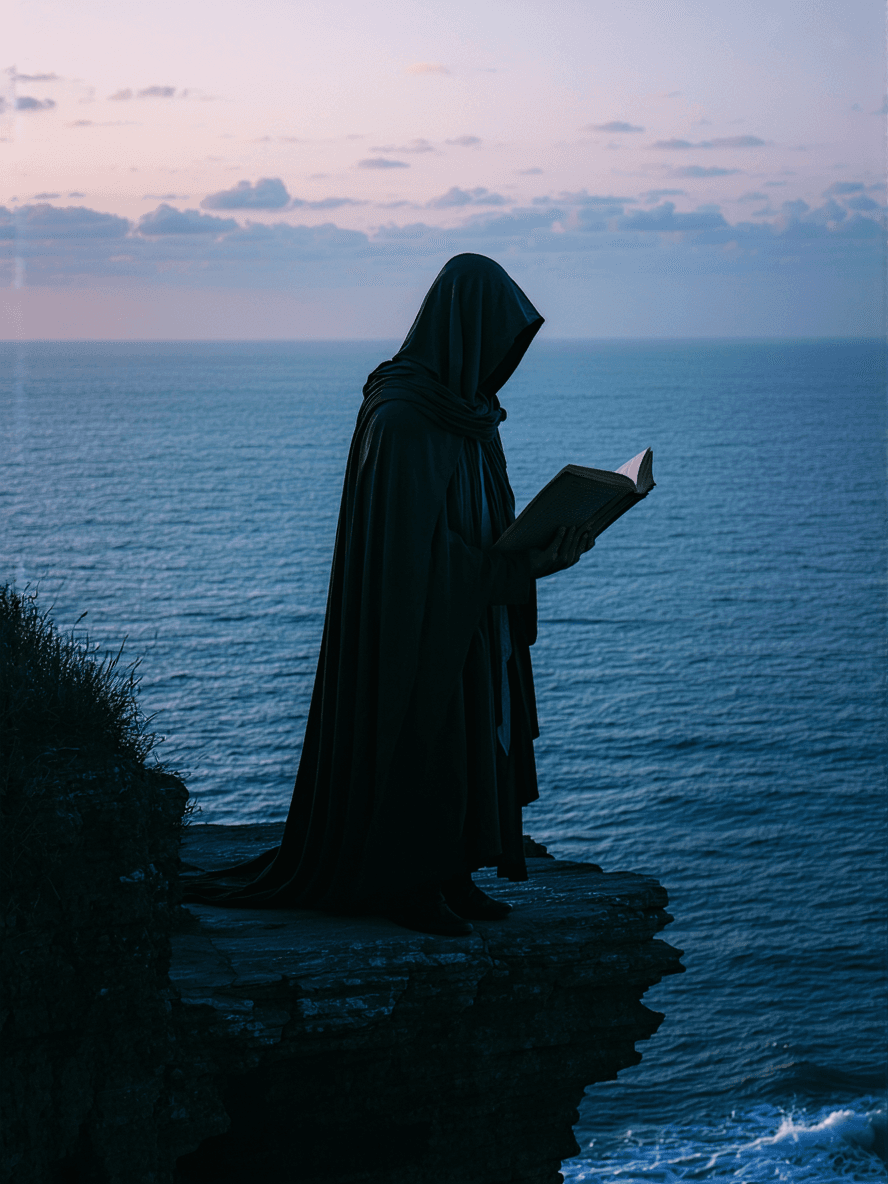 AI generated: A lone figure, deep in thought, stands at the edge of a cliff, overlooking a vast, serene ocean bene...